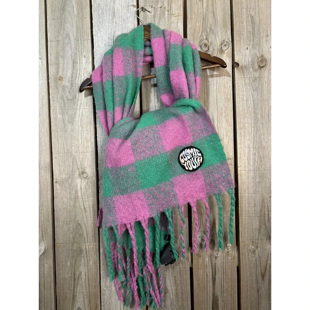 H&M Cosmic‎ Youth Oversized Plaid Blanket Scarf Pink Green Fringe